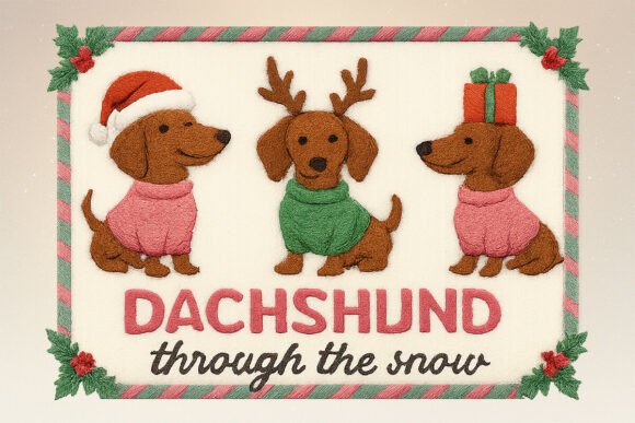 Faux Embroidery Dachshund Christmas PNG